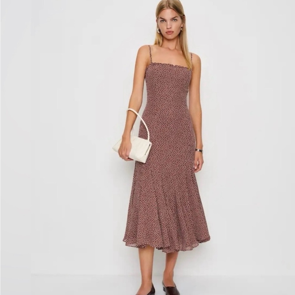 Reformation Lilibet Brown Polka Dot Spaghetti Strap Midi Dress-size 0 NWT